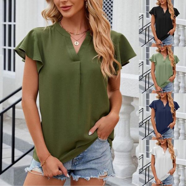 T-shirts d'été en mousseline de soie pour femmes, couleur unie, chemise à manches courtes, tunique élégante, Tops décontractés, col en V, chemisiers amples