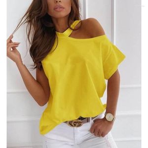 Camisetas de mujer, camiseta amarilla de algodón de verano, camiseta informal Sexy con hombros descubiertos, camisetas sueltas de manga corta con cuello redondo, camisetas blancas, negras y rojas