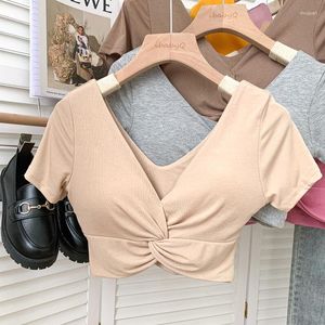 T-shirts pour femmes T-shirt court d'été avec soutien-gorge femme à manches courtes col en V profond t-shirts filles rembourré doux modal hauts