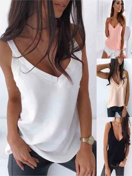 Camisetas para mujer, blusa con cuello en V de Color sólido a la moda de verano 2024, Top holgado con cuello Halter, Top Sexy elegante con tirantes Paghetti para mujer