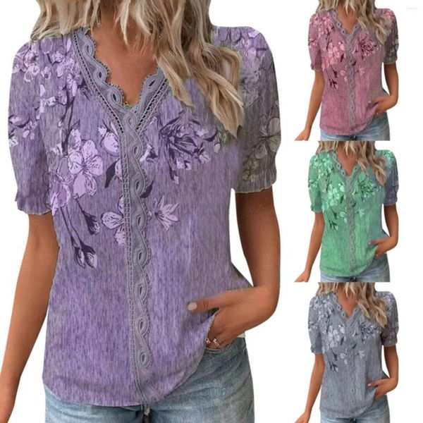 T-shirts pour femmes mode d'été femmes col en V dentelle couture à manches courtes fleur imprimé chemise Med femmes femme manches