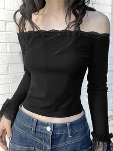T-shirts pour femmes mode d'été Y2K dentelle courte épissé cloche manches T-Shirt noir haut longue épaule dénudée sans bretelles
