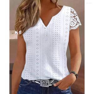 Dames t shirts zomer femme oogje patch knop voorkant kan kant korte mouw T-stukken 2023 casual v-neck tops lente wit voor vrouwen blouse