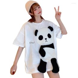 Camisetas de mujer verano flocado dibujos animados Panda patrón costura mujeres Kawaii suelta Top chicas calle moda Hip Hop Casual camisetas