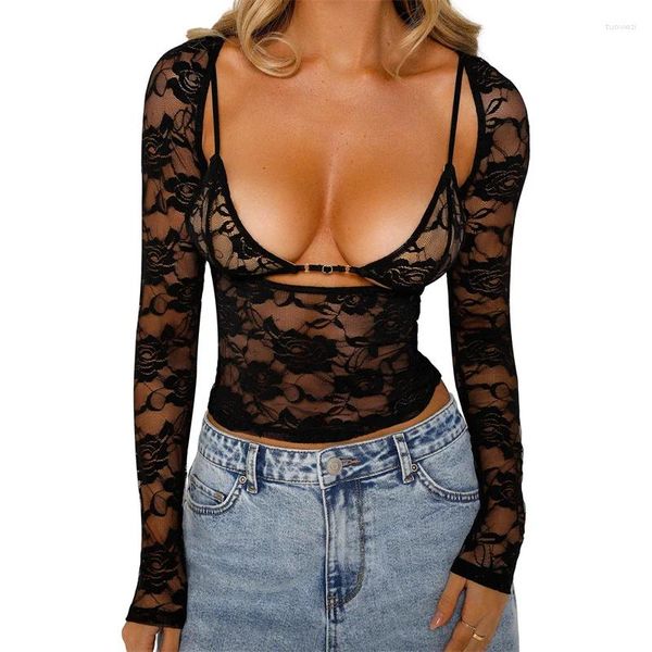 Camisetas para mujer Conjunto de tops cortos de encaje con estampado floral de verano Ropa de calle para club de playa para mujer Camisetas de manga larga caladas y sujetador Lingreir negro