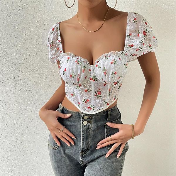 T-shirts pour femmes été imprimé floral Vintage dentelle corset hauts courts femmes volants col carré manches courtes dos ouvert mince T-Shirt décontracté