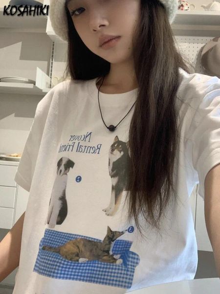 Camisetas para mujer, camisetas Kawaii con estampado de perro lindo de verano, camisetas holgadas de moda estética Y2k de manga corta que combinan con todo, camisetas informales para mujer Harajuku blanco