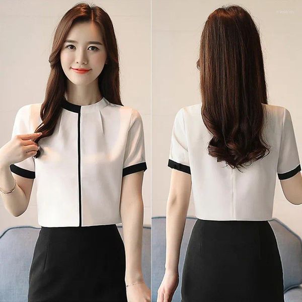 T-shirts pour femmes été Style coréen élégant chemise en mousseline de soie blanche bureau dames Blouse Patchwork col montant salopette travail hauts vêtements