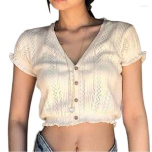T-shirts pour femmes été coréen femmes à manches courtes hauts Sexy col en V boutons Mini T-Shirt tricoté mode Hallow Out dames blanc