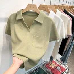 T-shirts pour femmes Summer One Pocket Polo Collar T-shirts 2024 Green Short Sleeve Casual Fashion Bottom Bottom White Tops Femme