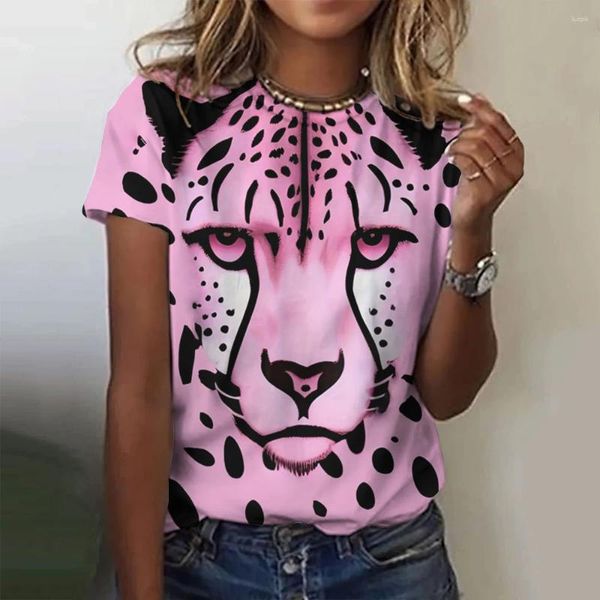 Camisetas para mujeres Summer rosa rosa 3d leopardo estampado estampado de cuello de o-cuello streetwear casual de manga corta top ropa de gran tamaño femenina