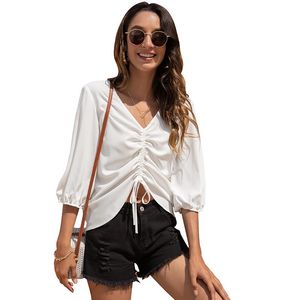 Dames t shirts zomerproduct v-neck casual mode drawstring chiffon shirt losse oversized donkere tops y2k topvrouwen's