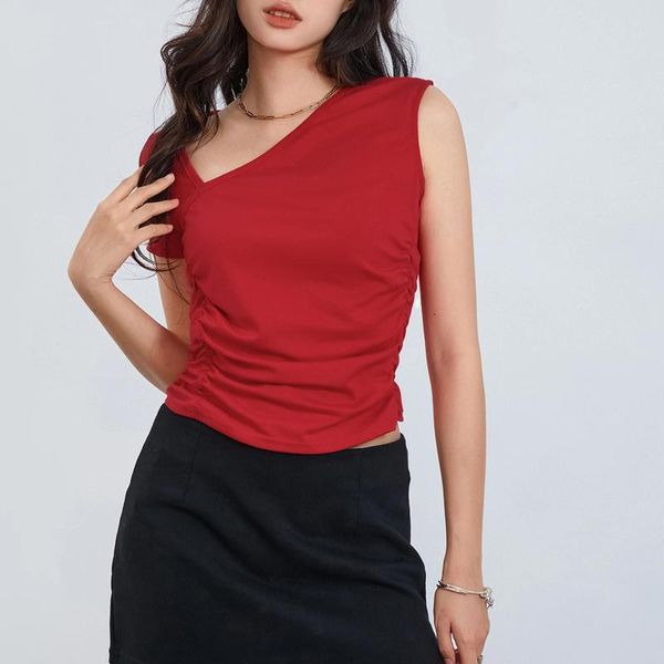 T-shirts pour femmes d'été rouge col irrégulier t-shirt simple épaule à manches courtes hauts courts pulls froncés sur le côté dames t-shirts rétro
