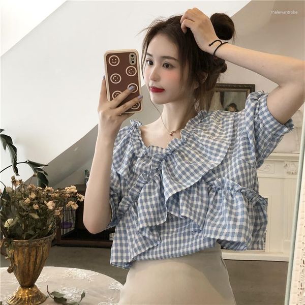 Camisetas de mujer Verano Ruffles Plaid Chifón Fairycore Francés Temperamento Camisa Mujer Moda Con cuello en V Manga corta Suelta Preppy Casual Top