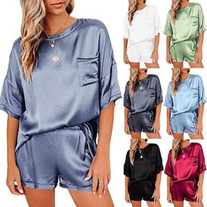 Dames t shirts zomer solide kleur satijn pyjama's huiskleding korte mouwen shorts tweedelige set designer outfits voor vrouwen gestapeld