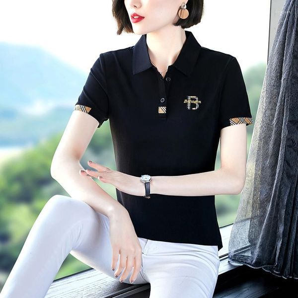 Camisetas de mujer estilo de verano de manga corta Polo Casual señoras 95% algodón solapa camisetas moda mujer bordado camisa de mujer