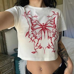 Camisetas para mujer, camiseta de verano, Tops cortos con estampado de mariposa, camiseta informal de manga corta con cuello redondo, ropa de calle de estilo coreano dulce