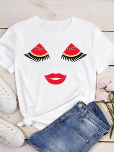 T-shirts pour femmes T-shirt d'été Pastèque Visage Cils Imprimer Tops Femmes Mode Chemise À Manches Courtes O-cou Tee Lady Funny Fruit Tshirt