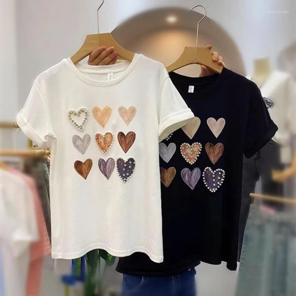 Camisetas para mujer Camisetas de verano Mujeres Corazones lindos Imprimir Fiesta Perlas Diamantes Listones Manga corta Blanco Negro Camisetas casuales Blusa Tops NZ42