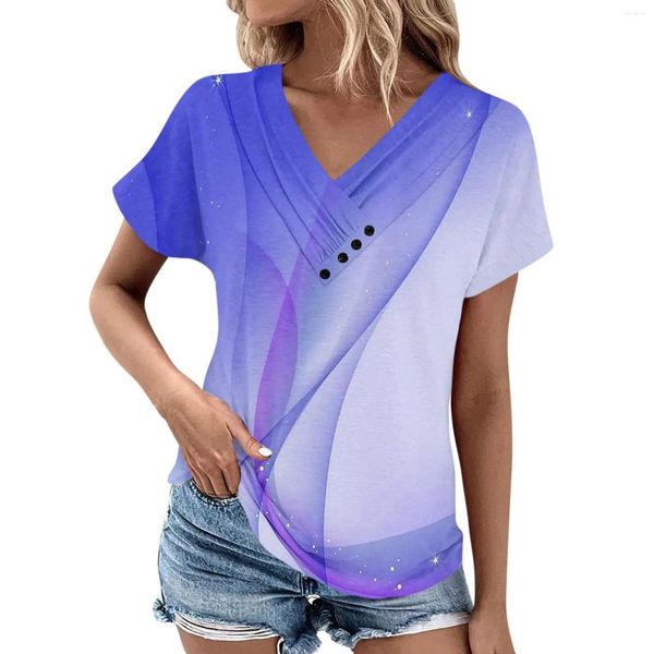 T-shirts d'été pour femmes, hauts à motif col en v, manches courtes, confortables, surdimensionnés, vêtements Blusas