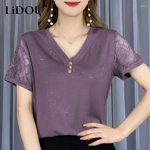 Camisetas de mujer Verano con cuello en V Patchwork de encaje Manga corta Tela de seda de hielo Camisetas de algodón Moda para mujer Jerséis con botones de lentejuelas que combinan con todo