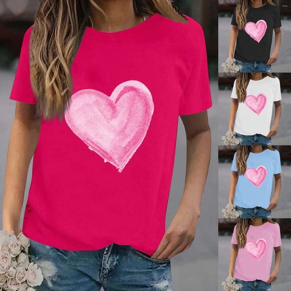 Camisetas de mujer Verano Día de San Valentín Simple Amor Impreso Cuello Redondo Camisa de Manga Corta Casual Top Tortuga Camiseta Raya