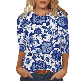 Camisetas femininas verão gola redonda manga sete pontas pequena flor estampada casual macia e confortável tops