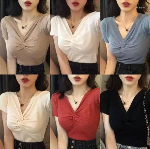 Camisetas de mujer, ropa de verano para mujer, camiseta de punto, camiseta de manga corta con nudo cruzado de seda helada para mujer, camiseta ajustada con cuello en V para máquina de cuidado