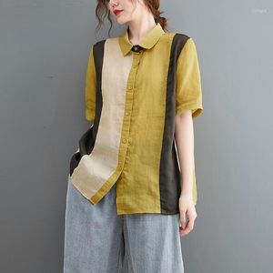 T-shirts pour femmes été femmes Patchwork à manches courtes en vrac coton lin haut chemise femme décontracté Cardigan hauts