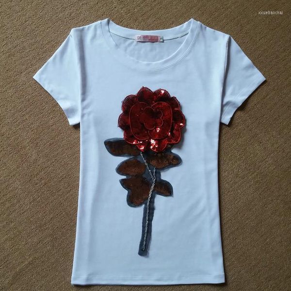T-shirts femmes été femmes chemise à paillettes mode coton femme Rose fleur hauts T-shirt Camisetas Mujer