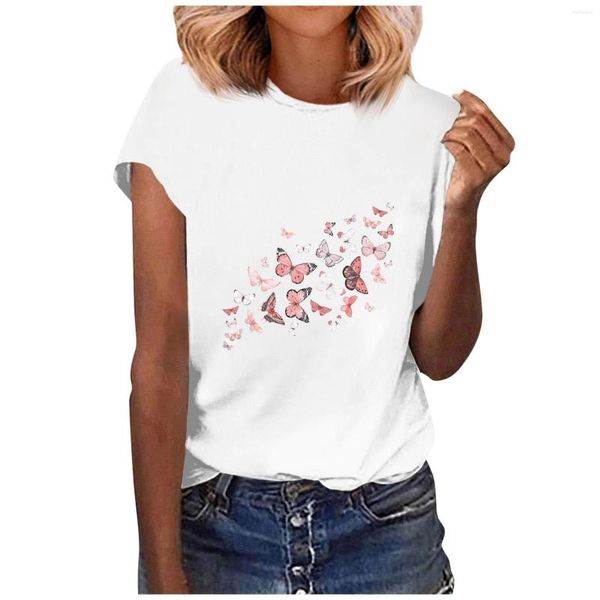 Camisetas de verano para mujer, camisa de manga corta con cuello en V de gran tamaño para mujer, camiseta blanca a la moda para mujer, Top con estampado de mariposa en 3d, ropa informal