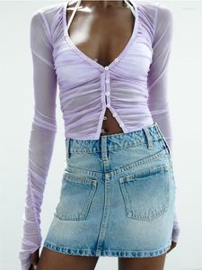 T-shirt da donna Estate Donna Solid Tulle Top 2023 Moda femminile Profondo scollo a V Pieghe Decorazione Traslucido Causale Manica lunga Slim