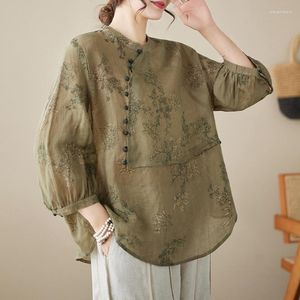 T-shirts femme été femmes Vintage Style chinois motif Floral coton lin violet haut chemise femme manches 3/4 Cheongsam hauts