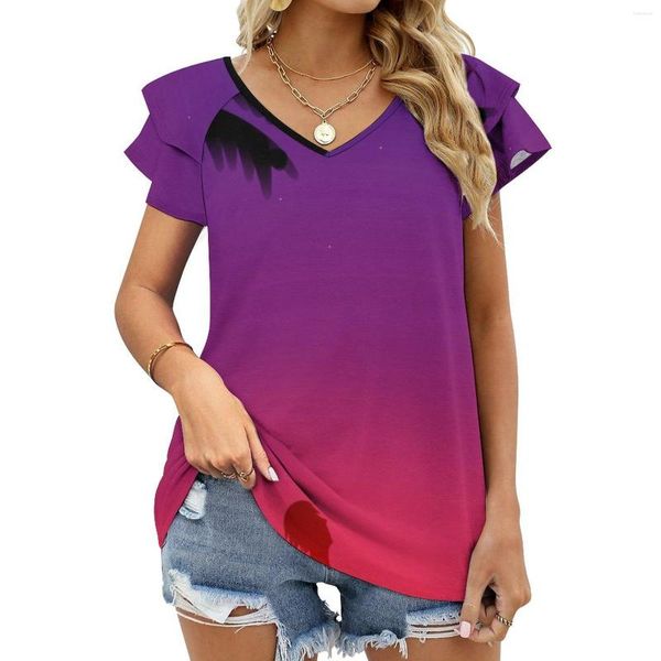 Camisetas de las mujeres al atardecer rufa manga corta verano v cuello tops moda camiseta casual playa surf de palmera de la palma del mar Noche noche