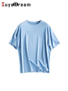 Camisetas de mujer SuyaDream, camisetas holgadas de lino y seda de algodón sólido con mangas de murciélago, camisetas acogedoras 2023, Top sencillo de primavera y verano, azul y blanco