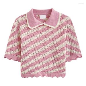 T-shirts pour femmes Sweet And Cute Pink Striped Doll Collar Ice Silk Hollow Out Knit T-Shirt