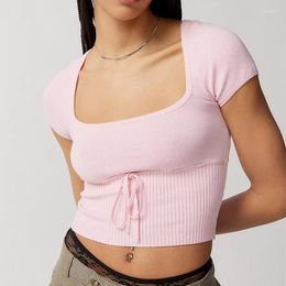 Dames T-shirts Sweet Cute Pink Short Sleeve Tee Front Tie Up Square Neck T-shirt Fairycore Women Chic Kawaii 2000s Crop Top Trendy