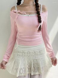 Camisetas con cordones para mujer, camiseta con cuello ojal, Tops de manga larga Kawaii rosas, ropa informal de primavera Y2K estética coreana 2024