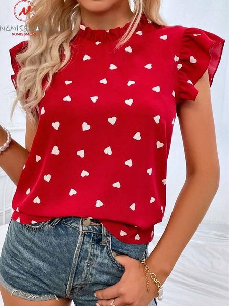 T-shirts pour femmes Femmes douces Summer Heart Print T-shirts Creux Out Design Bouton Volants Décor O-Cou Papillon Manches Slim Pulls Top
