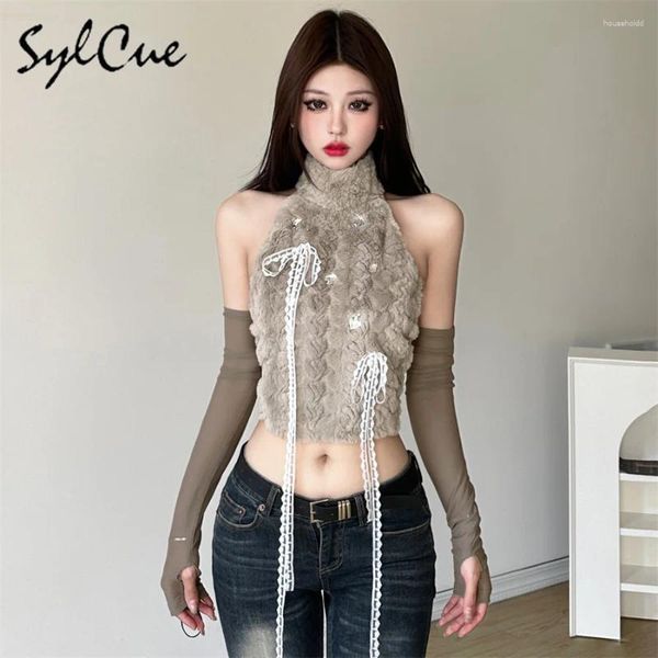 Camisetas para mujer Sylcue Khaki Vintage Sweet Gentle All-Match High Street Personalizado Sexy Flocado Top corto sin espalda con manga