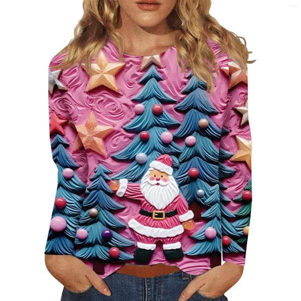 Camisetas para mujer Camiseta para mujer Impresión 3D Santa Claus Dibujos animados Navidad Manga larga Tops O Cuello Harajuku Streetwear Suelto Casual Jersey