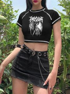 T-shirts pour femmes T-shirt Harajuku Y2K Crop Top Rétro Coréen Black Demon Punk Gothic Anime Print Vêtements Slim