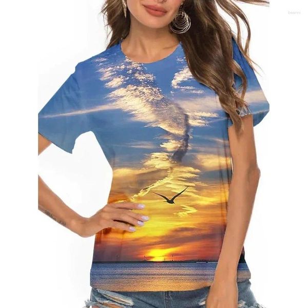 Camisetas para mujeres camiseta kawaii cielo gaviota tortuga estampada 3d camisetas top chicas de manga de verano collar redonda camiseta casual