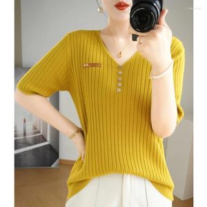 Dames t shirts t-shirt zomer zomers sweater short mouw casual solide kleur v-neck dames tops los blouse pullover tees knoppen