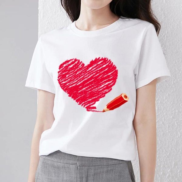 T-shirts pour femmes T-shirt Tendance Style coréen Sweet Wild Impression Love Pattern Série Dames Étudiant O-Cou Blouse Belle Vêtements de banlieue