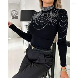 Camisetas de mujer, blusas de moda para mujer, decoración de diamantes de imitación, Top de cuello simulado, pulóver, trajes de otoño para mujer, ropa femenina de Otoño Invierno