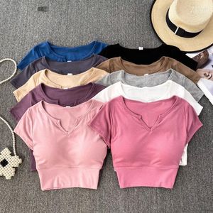 Dames T-shirts T-shirts voor dames met ingebouwde beha V-hals Effen kleur Casual tops Vrouw 2023 Almachtige zomer Tees Vrouwelijke Koreaanse stijl