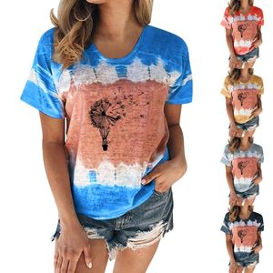 Dames t shirts groenblauw dames blouse casual mode ronde nek stropdy kleurstof printen shirt met korte mouwen gewoon wit lang