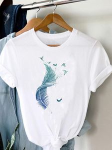 Dames T-shirts Tee Dames T-shirt Zomer Korte mouw Print Kleding Grafische veer Schilderij Vogel Kleding Mode Vrouwelijke top Ronde hals