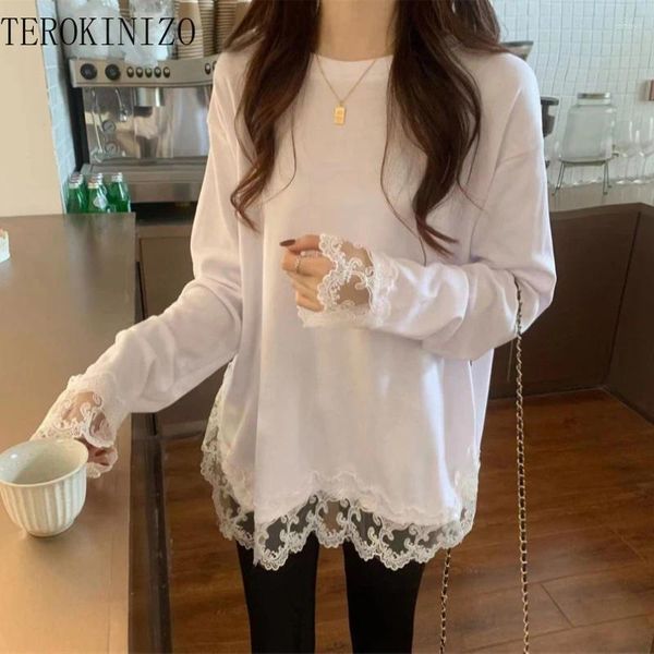 T-shirts Femmes Terokinizo dentelle patchwork chemise blanche femmes col rond manches longues t-shirts décontractés femme all-match tops basiques femme camisetas